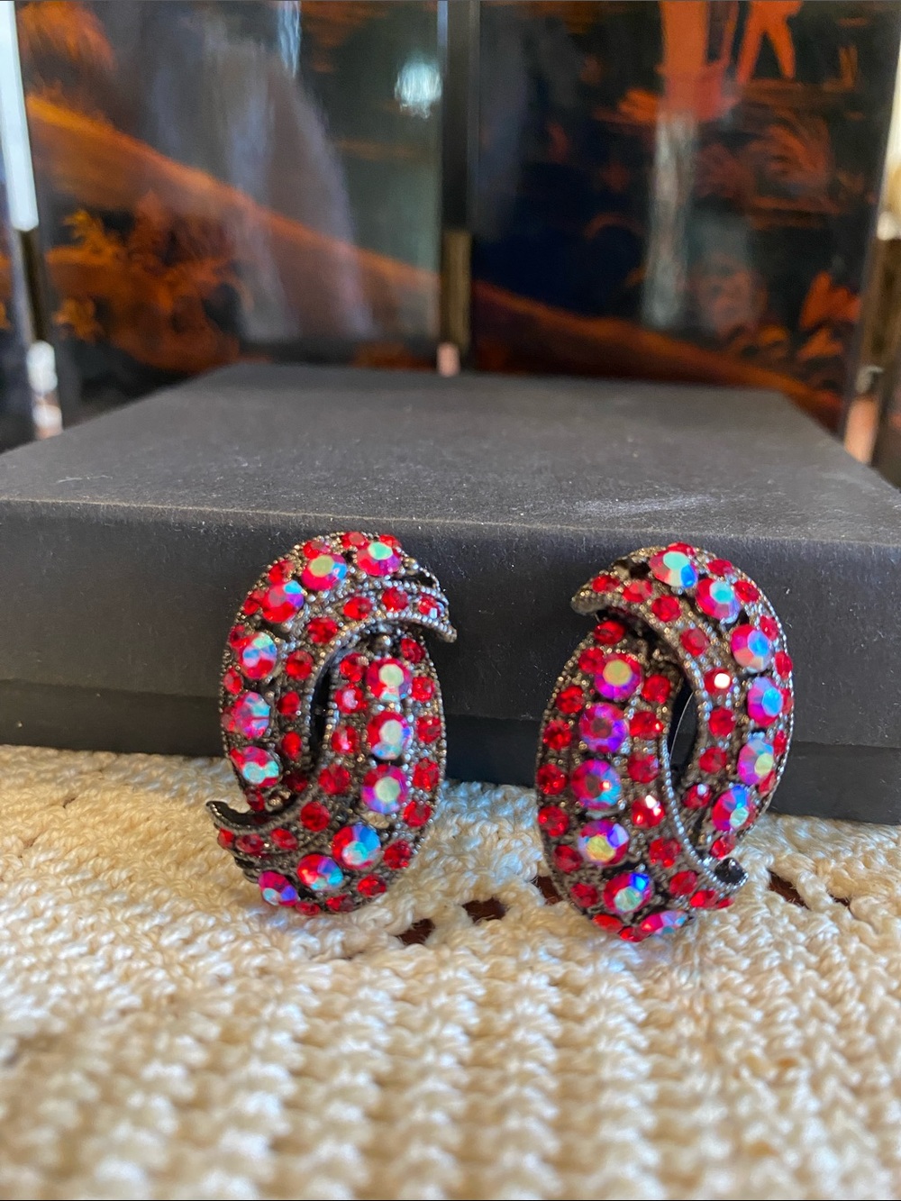 Red AB Crystal Swirl Clip-On Earrings in Gunmetal - Women Jewelry